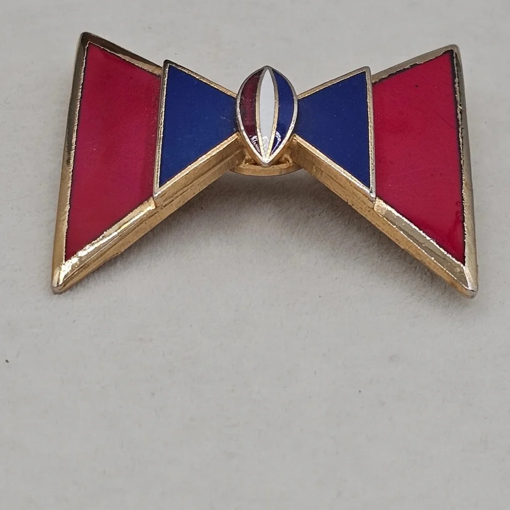 Vintage Red Blue White Enamel Geometric Bow Brooch Gold Tone Pin